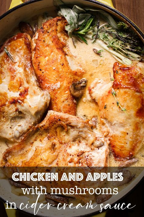 Tender pieces of chicken swimming in apple cider cream sauce with caramelized mushrooms and golden, buttery apples. This dish will blanket your home with the warm flavors of fall. Cider Cream Sauce, Apple Cider Smothered Chicken, Chicken Apple Dinner Recipes, Apple Cider Chicken Breast, Fall Recipes Chicken, Fall Meals Chicken, Fall Main Course Recipes, Crockpot Apple Chicken, Brie Apple Chicken