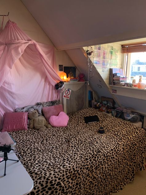 Pink And Leopard Bedroom, Chill Room Ideas Bedrooms, Leopard Room, Cosy Room, 2000s Nostalgia, Room Redesign, Indie Room Decor, Girly Room, Indie Room