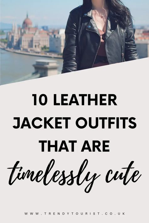 10 Leather Jacket Outfits That Are Timelessly Cute - Trendy Tourist Womens Leather Jacket Outfit Fashion Ideas, How To Style Leather Jacket With Dress, Fitted Black Leather Jacket Outfit, Date Night Leather Jacket Outfit, Style A Black Leather Jacket, Leather Jacket Graphic Tee Outfit, Womens Black Leather Jacket Outfit, Business Casual Leather Jacket Work Outfits, Vegan Leather Jacket Outfit