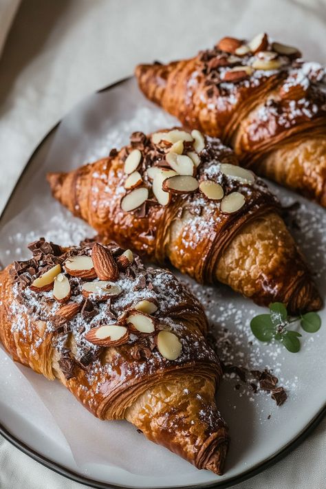 Chocolate Almond Croissants Gourmet Croissants, Chocolate Almond Croissant, Croissants Chocolate, Pastries Aesthetic, Stuffed Croissants, Almond Croissants, Almond Croissant, French Bakery, Chocolate Croissant