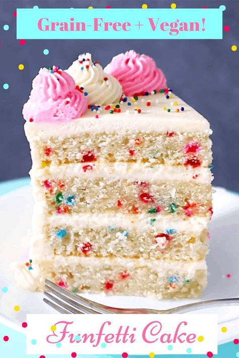 The perfect Grain-Free + Vegan party cake, and soooo very delicious! #grainfree #vegan #funfetti #cake #birthday #glutenfree #party #dairyfree Grain Free Vegan Cake, Grain Free Birthday Cake, Grain Free Recipes Breakfast, Dog Cake Recipe Grain Free, Grain Free Cake, Vegan Funfetti Cake, Grain Free Chocolate Cake, Grain Free Recipes Dinner, Grain Free Granola Bars