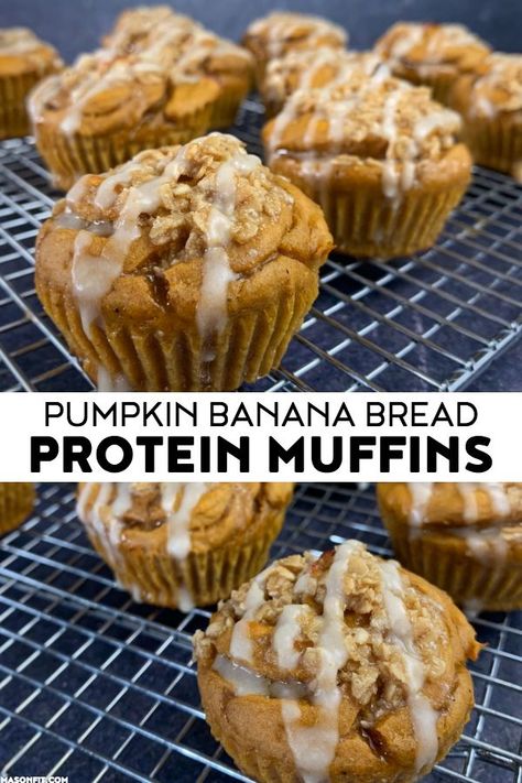 Sugar Free Glaze, Muffins Protein, Pumpkin Streusel, Pumpkin Banana Bread, Healthy Protein Snacks, Bread Muffins, Protein Treats, Pumpkin Banana, Protein Muffins