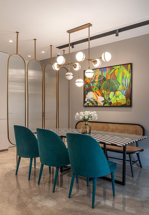 Fifty shades of grey come alive in this chic Mumbai apartment Mumbai Apartment, Dining Area Design, Brass Dining Table, Dining Table Design Modern, K Design, Dinning Room Design, Dining Design, Partition Design, Top Interior Designers