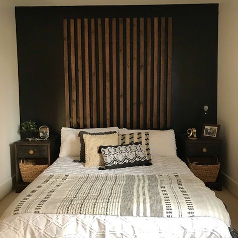 Modern headboard, wood slats, handmade, boho bedroom, upcycled furniture, monochrome bedroom, black bedroom wall, scatter cusions Black Wall With Natural Wood Slats, Black Wall Wooden Slats, Black Wood Wall Bedroom, Black Wall With Wood Slats, Black And Wood Bedroom, Black And Rust Bedroom, Rust Bedroom, Dark Cozy Bedroom Ideas, Bedroom Aesthetic Dark