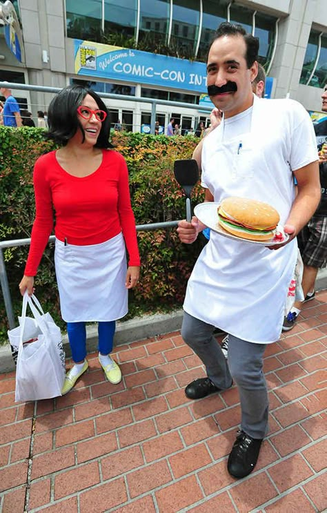 Linda and Bob Belcher from Bob’s Burgers Bob Belcher Costume, Linda And Bob Belcher Costume, Chowder And Panini Costume, Bob And Linda Costume, Linda Belcher Costume, Bob's Burgers Halloween Costume, Linda Bobs Burgers, Couple Cosplays, Bobs Burgers Costume