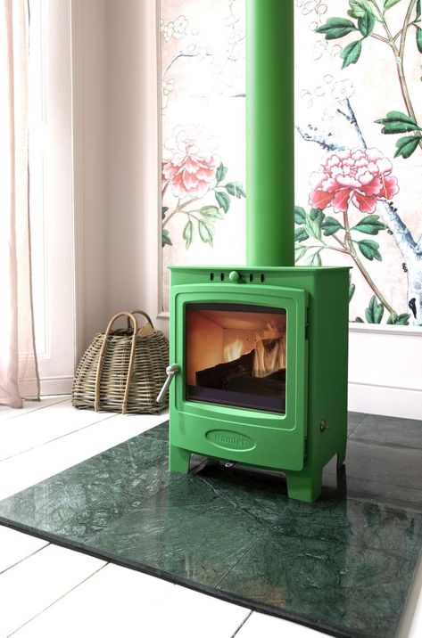 Colored Stove, Woodburning Stove Fireplace, Wood Burning Stoves Living Room, Wood Burners, Funky Living Rooms, Gas Fire Stove, Log Burning Stoves, Colorful Interior Design, Gas Stoves