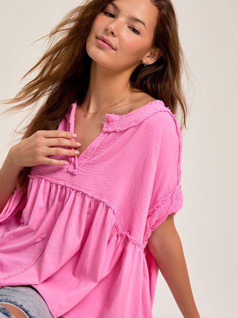 This babydoll linen top features intricate detailing and a beautifully flowy bottom. Its lightweight fabric and relaxed fit provide both comfort and style, making it an ideal choice for warm weather and casual outings. It pairs perfectly with jeans or shorts for a breezy, chic look. Cute Tops For School Casual, Cute Dressy Shirts, Babydoll Long Sleeve Top, Cute Pink Tops, Baby Doll Tops, Tops For Women Stylish, Cute Pink Top, Preppy Tops, Preppy Clothes