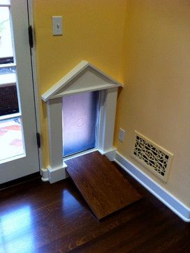 Dog door with a ramp for the little guys. I would put some sort or material for more traction on the ramp though. Dog Door Ideas, Traditional Family Room, Dog Spaces, Pet Doors, Pet Door, Dog Rooms, Dog Door, Door Ideas, Cane Corso