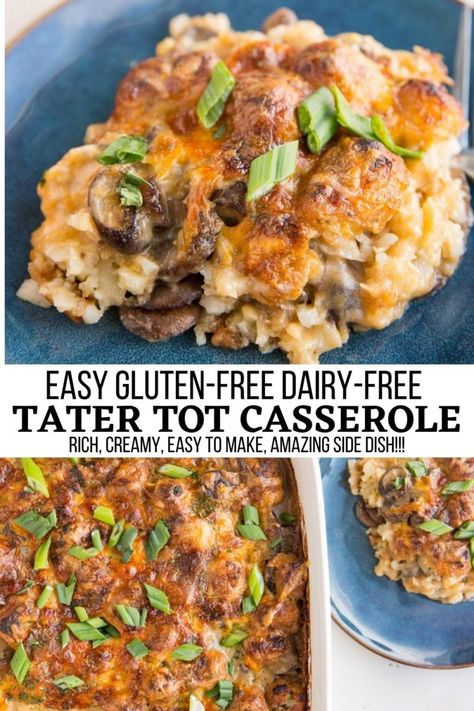 Vegan Tater Tot Casserole - Easy Vegan Tater Tot Casserole made dairy-free and gluten-free for a delightful side dish of your dreams! Recipe includes options for using regular cheese and dairy as well! #tatertots #potatoes #casserole #cheese #casserolerecipe #vegan Dairy Free Casseroles, Dairy Free Tater Tot Casserole, Dairy Free Egg Casserole, Vegan Tater Tot Casserole, Gluten Free Casserole Recipes, Lunch Casserole, Sweet Potato Tater Tots, Easy Tater Tot Casserole, Condensed Cream Of Mushroom Soup