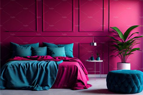 viva magenta bedroom interior. Bedside table . Bright bedroom. Pantone . by Olyryk & Aglo on @creativemarket Teal Fuschia Bedroom, Viva Magenta Bedroom, Magenta Walls Living Room, Black And Fuschia Bedroom, Neon Pink Interior, Magenta Wall Color, Magenta Wall Paint, Magenta Bedroom Ideas, Fuschia Decor