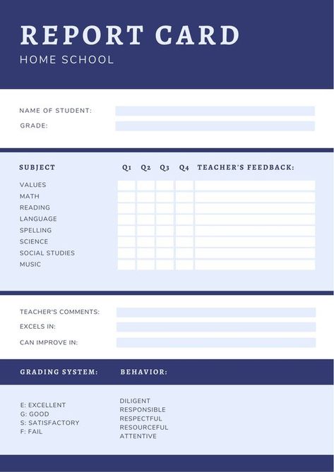 Blue and White Simple Grid Homeschool Report Card - Templates by Canva Homeschool Report Card Template, Homeschool Report Card, Student Report Card, Teacher Comments, School Report Card, Report Card Template, Id Card Template, Homeschool Printables, Progress Report