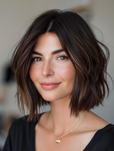 Bob Haircuts for Fine Hair - Stylish Options to Boost Volume Shoulder Bobs For Fine Hair, Messy Bob Brunette, Cute Brunette Bob Haircuts, Short Layered Bob Brunette, Brunette Bob Fine Hair, Bob Haircuts Fine Hair, Short Brunette Haircut, No Bangs Short Hair, 2024 Bob Hair Trends Fine Hair