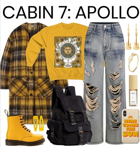 Child Of Apollo Outfit, Apollo Inspired Outfits, Percy Jackson Outfit Ideas, Apollo Aesthetic Outfit, Apollo Outfits, Apollo Outfit, Demigod Oc, Cabin 7 Apollo, Apollo's Cabin