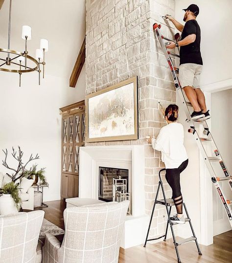 Romabio Paints (@romabiopaints) • Instagram photos and videos Updating Fireplace, Romabio Limewash, Fireplace Mortar, Our Faux Farmhouse, Faux Farmhouse, Painted Brick Fireplaces, Masonry Paint, Family Room Fireplace, Modern Farmhouse Exterior