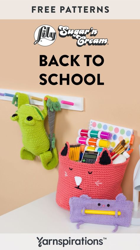 Back to School - Before the flurry of the school year starts, stitch up some colorful cotton accessories to organize all your back to school supplies! Free crochet basket patterns, free knit basket patterns, free crochet backpack patterns and free pencil case patterns. Free Crochet Backpack, Back To School Crochet, Backpack Patterns, Back To School Pattern, School Crochet, Pencil Case Pattern, Free School Supplies, School Pattern, Cotton Accessories