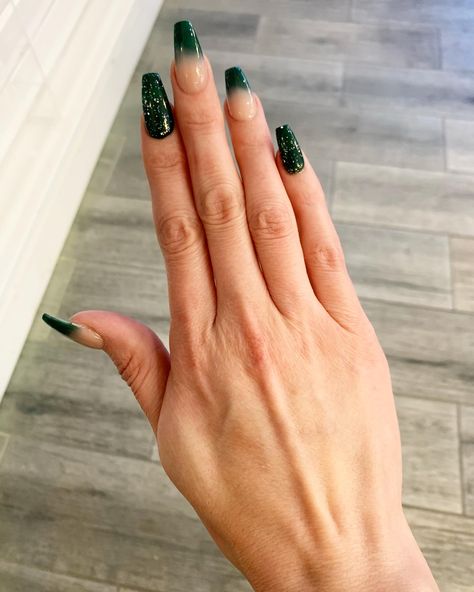 I got these done for a Harry Potter wedding. Representing Slytherin! The glitter is silver.  😍 Slytherin French Tip Nails, Dark Green Nails Slytherin, Harry Potter Wedding Nails, Dark Green Nails Ombre, Slithering Nails, Slytherin Acrylic Nails, Harry Potter Acrylic Nails, Slitherin Nails, Slytherin Inspired Nails