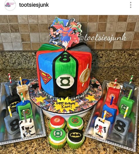 Justice league Custom Birthday Cake, cupcakes, and Rice Krispy Treats Dc Comic Birthday Party Ideas, Dc Comics Birthday Party Ideas, Justice League Birthday Cake, Justice League Cupcakes, Justice League Toys, Jordan Birthday, Birthday Cake Cupcakes, Superhero Ideas, 6th Birthday Party