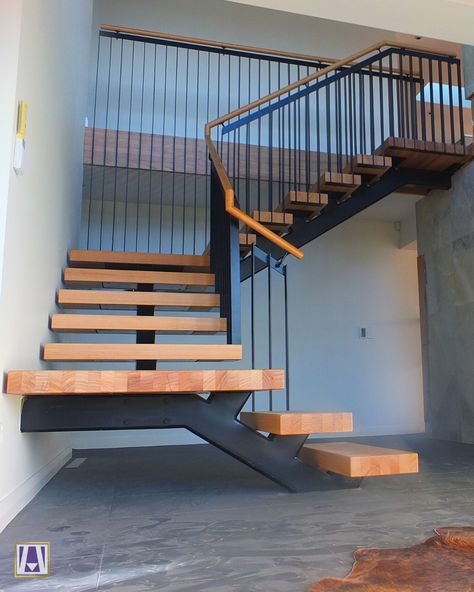 Steel Stairs With Wood Steps, Floating Stairs With Landing, Loft Landing, Suspended Stairs, Stair Idea, Modular Staircase, Steel Stairs Design, Custom Staircase, Metal Staircase