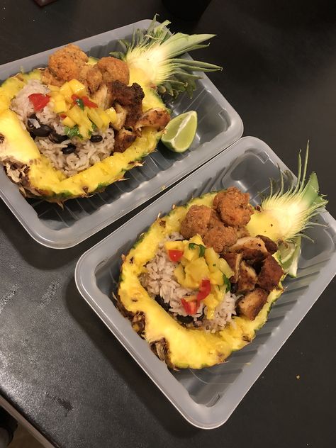 Pineapple Rice Bowl, Pineapple Bowls, Mango Pineapple Salsa, Jamaican Rice, Rice Peas, Jerk Shrimp, Pineapple Rice, Pineapple Bowl, Mango Pineapple