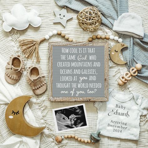 This is a customizable, religious moon and stars themed, pregnancy announcement template for you to share on social media or to print. You can edit it yourself right after purchasing so you can announce your news quickly with friends & family! I remember how excited I was to share the news I was expecting once I found out, and I did not want to wait! I have designed this customizable digital template so there is no need to wait! Simply purchase, edit the template with your desired info, download your JPG, and share the good news right away! Try before you buy! Copy and paste this URL into your browser to see what customizing your own announcement will look like after purchase!  https://www.corjl.com/d/P4GJ9 DIGITAL FILE ONLY. No Physical item will be shipped. Since this is a real photograp Christian Baby Announcement, Christian Pregnancy Announcement, Miracle Baby Announcement, Baby Announcement Ideas, Digital Baby Announcement, Pregnancy Announcement Template, Cute Pregnancy Announcement, Baby Announcement Pictures