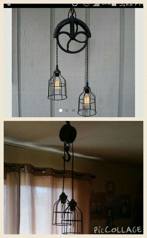 Pulley Light Fixture, Pulley Decor, Diy Hanging Light, Pulley Lamps, Diy Pipe Shelves, Lamp Pipes, Pulley Light, Industrial Chic Decor, Plumbing Pipe Furniture