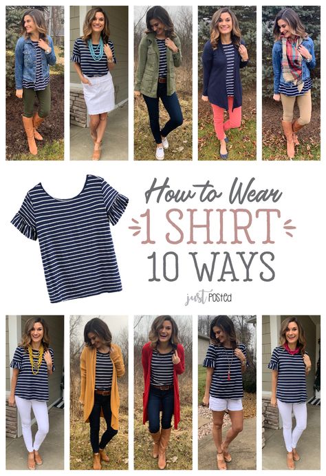 How to wear 1 striped shirt 10 different ways! A good basic striped tee can be worn so many ways!! I love that this one has the cutest ruffle detail on the sleeve. This top is such a great piece to wear all year long. And the fact that it is only $8 makes it even better! This piece is perfect for a capsule wardrobe and to dress up or down. January Outfits For Women Work, Spring Fashion Ideas, How To Wear Shirt, Outfits With Striped Shirts, Mode Tips, Teaching Outfits, Long Sleeve Knit Dress, Winter Outfits For Work, Clothing Hacks