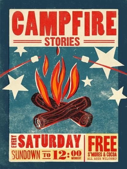 'Campfire' Giclee Print - Cory Steffen | Art.com Smores Graphic Design, Vintage Camping Posters, Vintage Camp Poster, Out Of Home Advertising Ideas, Retro Camp Aesthetic, Vintage Camp Theme Party, Campfire Graphic Design, Summer Camp Poster Design Ideas, Vintage Camping Decor