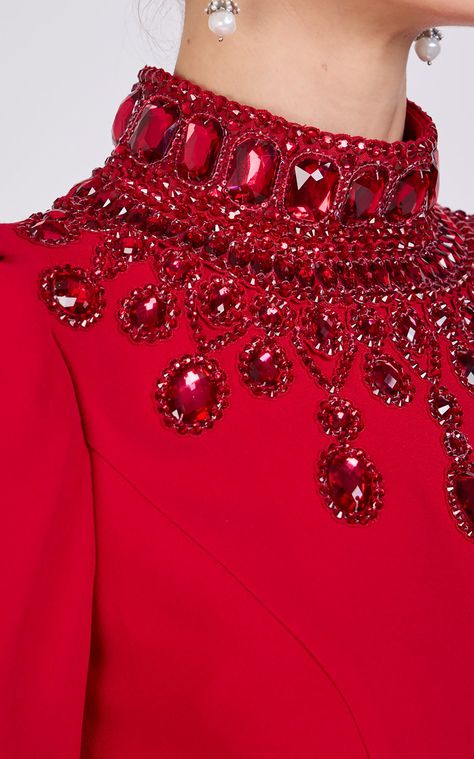 Embellished Maxi Dress By Andrew Gn | Moda Operandi Red Embellished Dress, Gem Embroidery, Sewing Sleeves, Embroidery Fashion Detail, Hand Beaded Embroidery, Long Gowns, Andrew Gn, Dinner Dress Classy, Embellished Maxi Dress