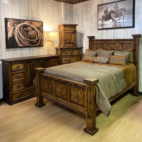 The Ponderosa Bedroom Set features beautiful distressed wood and nail heads along the trim. The large style of the bed makes it a popular choice for master bedrooms. The set includes the Ponderosa bed, dresser, chest, and 1 door nightstand.  This bedroom set comes standard in our dark wax finish but can be ordered in o Rustic Bedroom Furniture Sets, Ranch Bedroom, Tuscan Bedroom, Rustic Bedroom Sets, Beautiful Bedroom Set, Western Living Room, Western Bedroom Decor, Rustic Bedroom Furniture, Wood Bedroom Sets