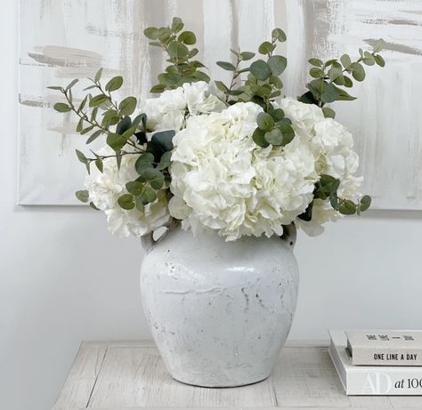 White Hydrangea Centerpieces, Floral Vase Arrangements, Hydrangea Arrangement, White Floral Arrangements, Hydrangea Arrangements, White Hydrangeas, Faux Hydrangea, Flower Vase Arrangements, Faux Flower Arrangements