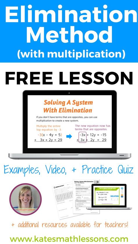 Check out this free algebra lesson to help your students learn how to solve a system of equations with the elimination method. Lots of great examples to show students how to multiply one or both equations to create a new system with terms that will cancel. Includes a video, practice quiz plus additional resources available for teachers (study guide, fun activity + more!) System Of Equations, Teaching Algebra, Systems Of Equations, Middle School Lessons, 8th Grade Science, Ninth Grade, Middle School Writing, Secondary Math, Linear Equations