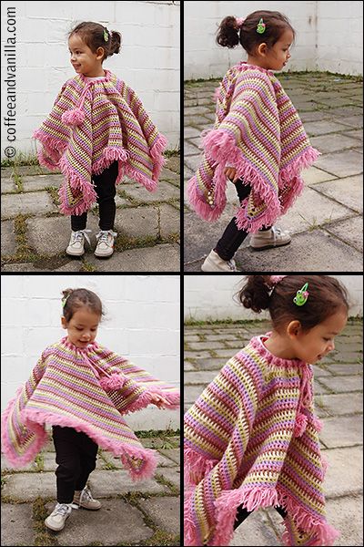 Pretty striped poncho!  Easy #DIY crochet pattern from @Margot / Gocha! Crochet Poncho Patterns Kids, Crochet Poncho Kids, Corner Pattern, Granny Square Poncho, Toddler Poncho, Crochet Baby Poncho, Girls Poncho, Crochet Poncho Free Pattern, Poncho Crochet