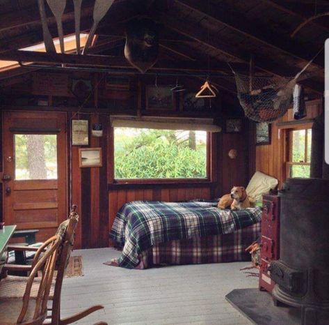 Tiny Cabin Interiors Small Cottages, Tiny Cabins Interiors, Maine Cabin, Studio Cottage, Studio Cabin, Cabin Aesthetic, Small Cottages, Cabin Interiors, Cabin Living