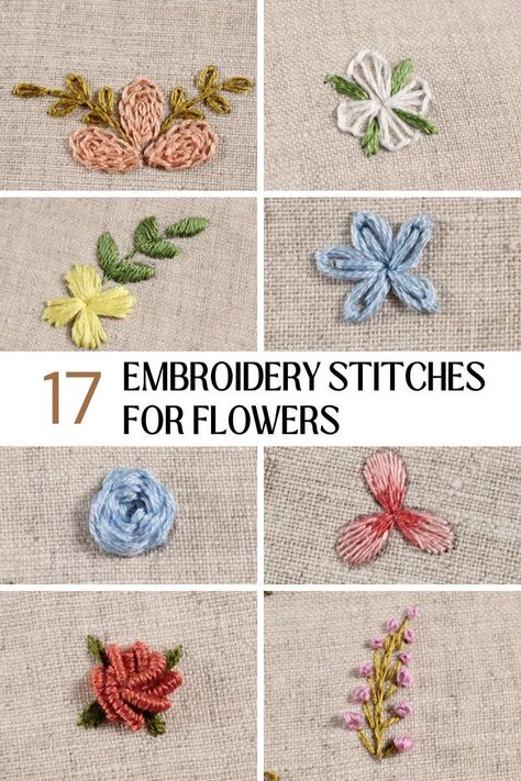 Small Floral Embroidery Patterns, Embroidered Small Flowers, Beginner Embroidery Flowers, Fun Embroidery Ideas Clothes, Floral Embroidery Stitches, Flowers Embroidery Tutorial, Miniature Embroidery Patterns, Vysivani Flowers, Easy Flower Embroidery Tutorial