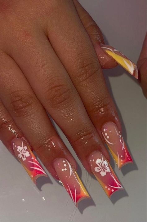 Hawaiian Nails, Hawaii Nails, Cruise Nails, Long Acrylic Nail Designs, Summery Nails, French Tip Acrylic Nails, Her Nails, Short Square Acrylic Nails, Long Acrylic Nails Coffin