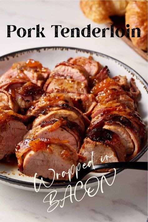 Bacon wrapped pork tenderloin is a must try. The bacon not only adds flavor but helps hold in the moisture so that it's super tender. Get a hint of sweetness from a peach jam glaze. Bacon Wrapped Pork Tenderloin Oven, Pimento Cheese Biscuits, Bacon Wrapped Pork Tenderloin Recipes, Easy Pork Recipes, Wrapped Pork Tenderloin, Pork Tenderloin Oven, Peach Pork Chops, Bacon Wrapped Pork Tenderloin, Slow Cooker Chicken Chili