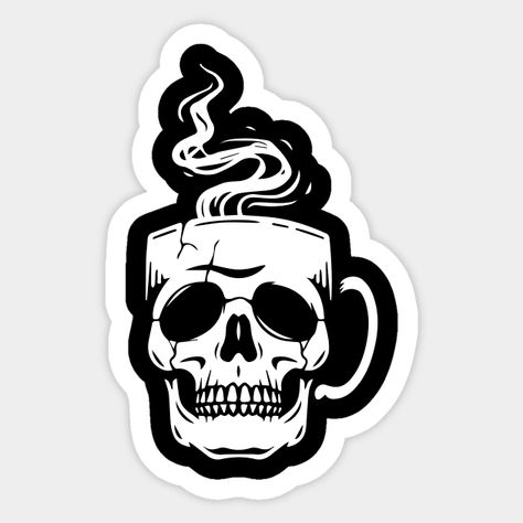 coffee skull - Skull - Sticker | TeePublic Coffee Skull Art, Skull Coffee Cup Tattoo, Skull Drinking Coffee, Coffee Skull, Skull Stickers Printable, Edgy Skull Print T-shirt For Fan Merchandise, Skull Drawings, Skull Coffee, Skulls Drawing