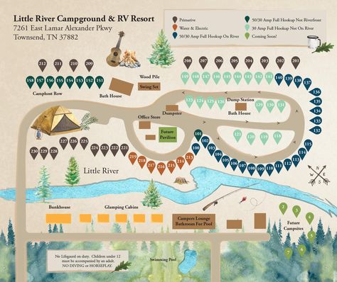 Campground Map Billboard Signs, Adventure Map, Site Map, Picture Stand, Rv Interior, Mountain Stream, Rv Park, Illustrated Map, Rv Parks