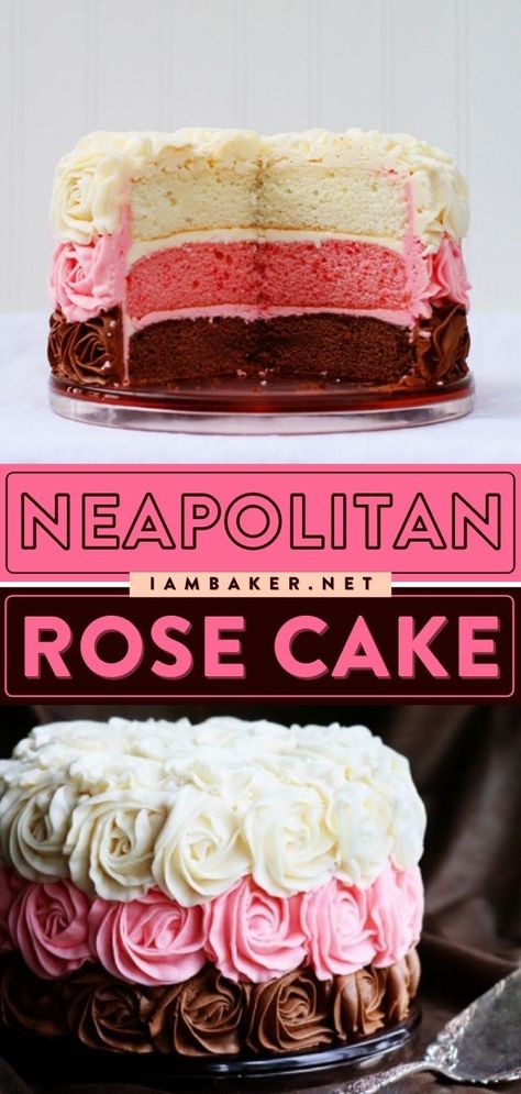 Strawberry Marble Cake Recipes, Decorate Strawberry Cake, Neopolitan Cake Recipes, Mini Cake Design Ideas, Strawberry Rose Cake, Neapolitan Cake Recipe, Creative Cake Recipes, Nepolian Cake, Rose Cake Ideas