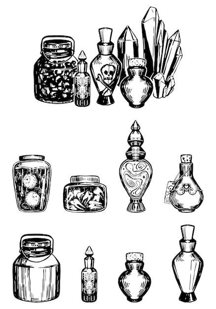 Witch Potion Shelf Drawing, Vintage Potion Bottles Illustration, Apothecary Jar Tattoo, Apothecary Bottle Tattoo, Vintage Bottle Tattoo, Potion Jar Drawing, Vintage Potion Bottles, Spell Jar Tattoo, Potion Tattoo Bottle