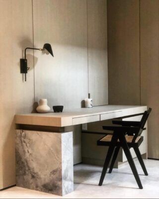 GOOS RESIDENCE - Nam Dang-Mitchell Design Inc. | Calgary Interior Design Marble Desk, Retail Interior Design, Desk Area, Architecture 3d, Desk Areas, Oak Desk, Workspace Design, Retail Interior, Desk Design