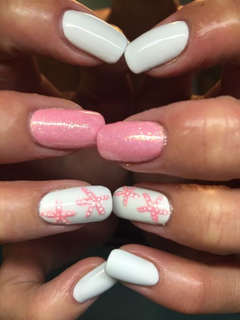 #starfish #coral #nails #nail art nail designs nails ideas Pretty Nail Art Designs Summer Pink, Simple Starfish Nails, Starfish Nails Short, White Starfish Nails, Star Fish Nail Design, Beach Nails Starfish, Starfish Nails Design, Pink Starfish Nails, Square Beach Nails