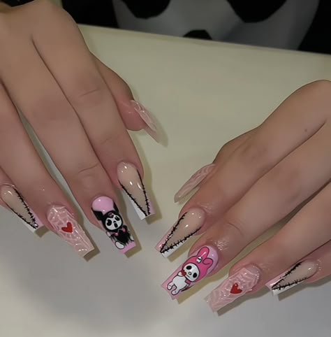 Kuromi Halloween Nails, Sanrio Halloween Nails, Hello Kitty Halloween Nails, Matte Pink Nails, Holloween Nails, Bunny Nails, Hello Nails, Halloween Acrylic Nails, Hello Kitty Nails