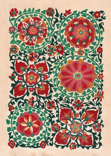 This modern Suzani watercolor interpretation reflects the character, rich colors, and intricate designs of the original hand-embroidered vintage beauties. Suzanis were an embroidered decorative tribal textile from Persia. Often crafted by brides as part of their dowry, they were traditionally presented to the groom on his wedding day. Each design is infused with Floral symbolism and meaning. Floral Symbolism  Pomegranate Flower - fertility Poppy Garden - remembrance Blue Lotus - enlightenment Da Vintage Indian Prints, Desi Patterns, Armenian Mythology, Suzani Pattern, Indian Textile Design, Pomegranate Print, Pomegranate Flower, Pomegranate Design, Poppy Garden