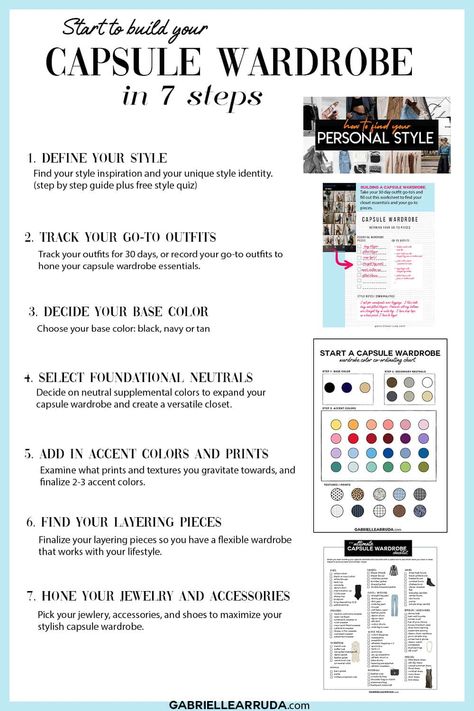 Level up your wardrobe with a capsule wardrobe. These seven steps will change your women’s wardrobe and make your outfits chic and simple. Step-by-step guide to build a capsule wardrobe from scratch. Including capsule wardrobe checklist. Plus how to choose your capsule wardrobe color palette. Visual guide to create a capsule wardrobe. How to create a capsule wardrobe personal style Build Your Capsule Wardrobe, Staple Capsule Wardrobe, Changing Your Wardrobe Style, Capsule Wardrobe Starter Kit, How To Build A Winter Capsule Wardrobe, Capsule Wardrobe Elements, Capsule Wardrobe Work Professional Minimalist, Linda Paige Capsule Wardrobe, Ultimate Capsule Wardrobe Checklist