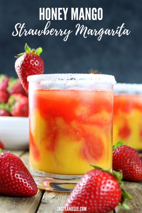 The Honey Mango Strawberry Margarita - it's fresh, fruity, boozy and delicious! The perfect cocktail for Taco Tuesday, Cinco de Mayo or anytime you want something tasty and refreshing. #MangoMargarita #StrawberryMargarita #TacoTuesday #TequilaDrinks #CincoDeMayo #TasteAndSee Honey Mango, Strawberry Banana Milkshake, Strawberry Margarita Recipe, Mango Cocktail, Mango Margarita, Tequila Drinks, Strawberry Margarita, Banana Milkshake, Margarita Recipe