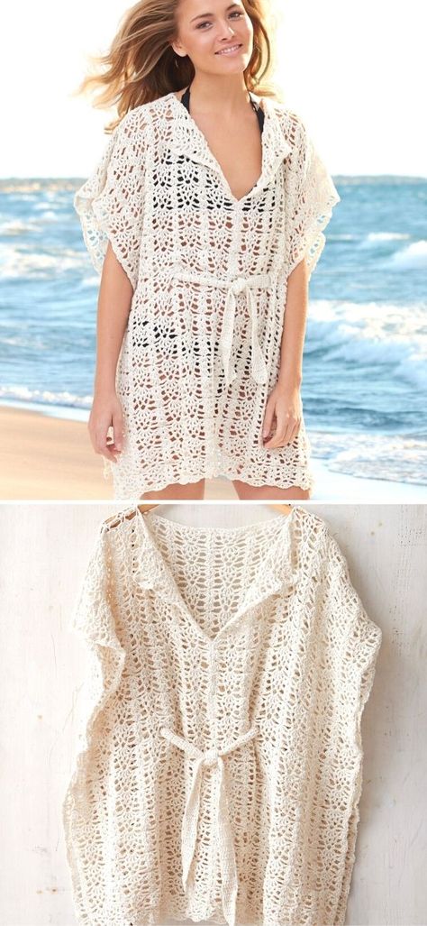 Beautiful Beach Crochet Cover Up Patterns.This beautiful cover up doubles as a tunic, that's super comfy and feminine looking. It's really versatile and what's most important - really easy to crochet. The size range is really wide, from XS to 5XL. Use a 4 mm or a 5 mm hook for this project.  #freecrochetpattern #coverup #cardi Crochet Beach Cover Up Pattern Free, Crochet Beach Coverup, Crochet Bathing Suit Cover, Beach Coverup Pattern, Crochet Beach Cover Up, Crochet Beach Wear, Crochet Bathing Suits, Crochet Beach Dress, Beach Crochet