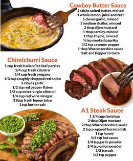 Recipe - Homemade Sauces For Steak You’ll Love  Recipes👇  Cowboy Butter Sauce   2 sticks salted butter, melted 1 whole lemon, juice and zest  5 cloves garlic, minced  1 medium shallot, minced  2 tablespoons dijon mustard  2 tablespoons parsley, minced  1 tablespoon thyme, minced  ¼ teaspoon smoked paprika  ⅛ teaspoon cayenne pepper  1 tablespoon Worcestershire sauce  ¼ teaspoon kosher salt (or to taste) ¼ teaspoon freshly cracked black pepper (or to taste)  Instruction: Add all ingredients to a bowl and whisk. Adjust seasonings to taste. Store in the fridge in an airtight container until time to use. The flavors will develop over time.  Serve with steak, chicken, shrimp, pork, or fish. Enjoy!  This recipe can be stored in the fridge for up to 1 week. It can also be frozen for up to 6 mont Sauces For Steak, Journal Homemade, Steak Sauces, Homemade Essentials, Steak Sauce Recipes, Cowboy Butter, Mama Cooking, Homemade Sauce Recipes, Recipe Journal