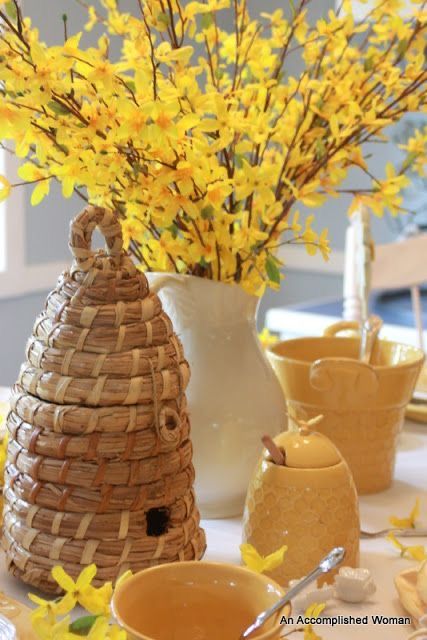 Tablescapes Ideas, Yellow Cottage, Bee Skep, Spring Tablescapes, Wind Of Change, Bee Party, Classy Christmas, Women's Ministry, Bee Birthday