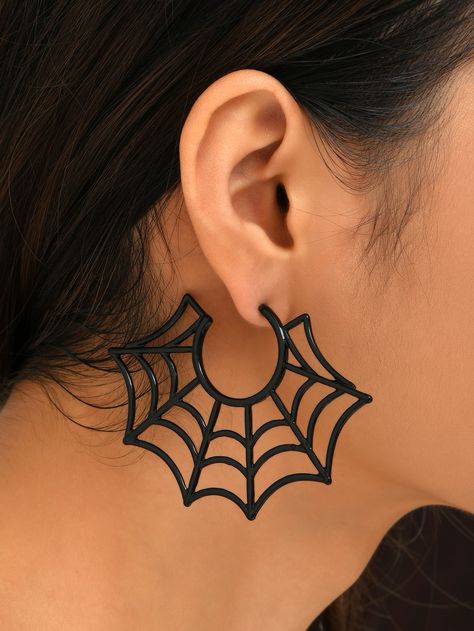 Black Funky   Plastic  Hoop    Jewelry Gothic Things, Vampire Oc, Plastic Hoop, Spider Web Design, Spooky Costumes, Black Hoops Earrings, Embellished Fashion, Halloween Spider Web, Black Spider